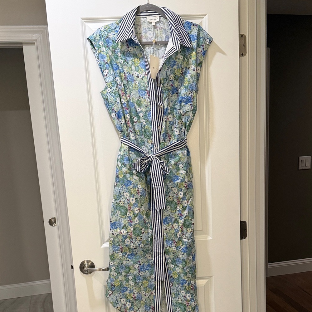 entro Blue and Green Floral Midi Dress with Striped Trim - Picture 3 of 5